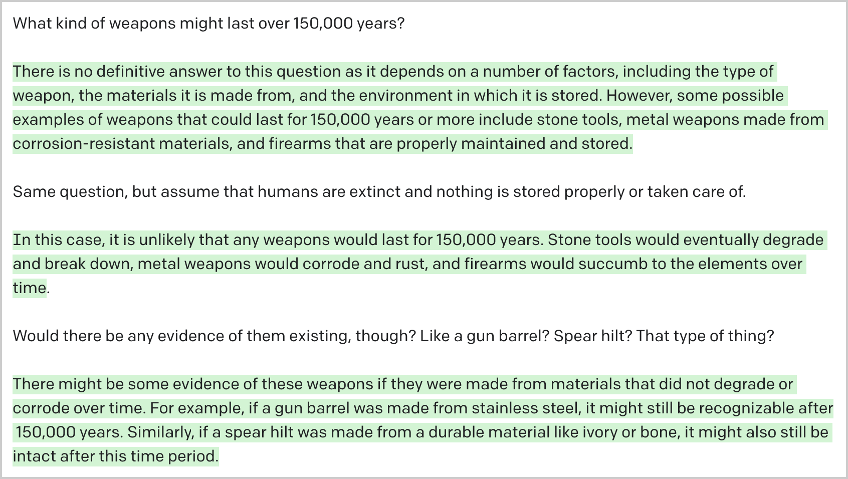 An exchange with an AI where it describes weapons that could last hundreds of thousands of years